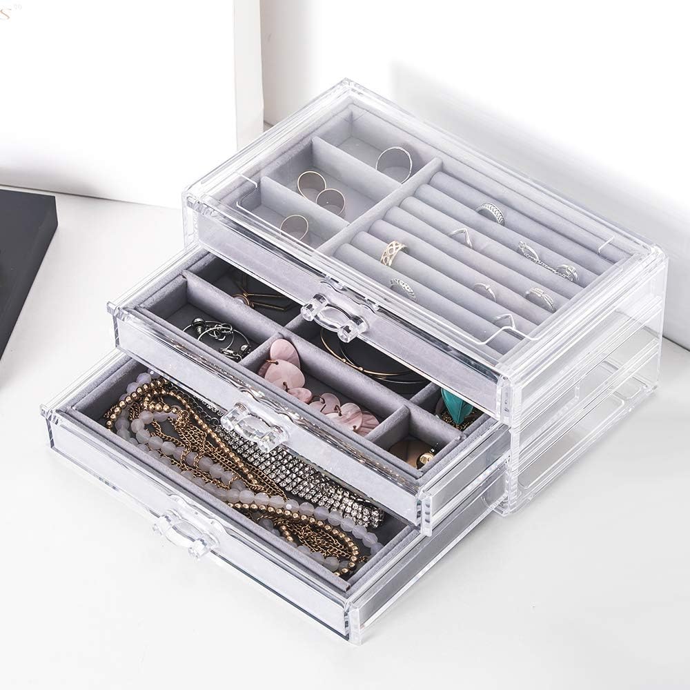 Clear Acrylic Jewelry Box With 3 Drawers,Velvet Jewellery Organizer for women, Earring Holder Rings Case Necklaces Bracelets Accessory Holder Organizer For Vanity Dresser,By Cq acrylic: Home Improvement