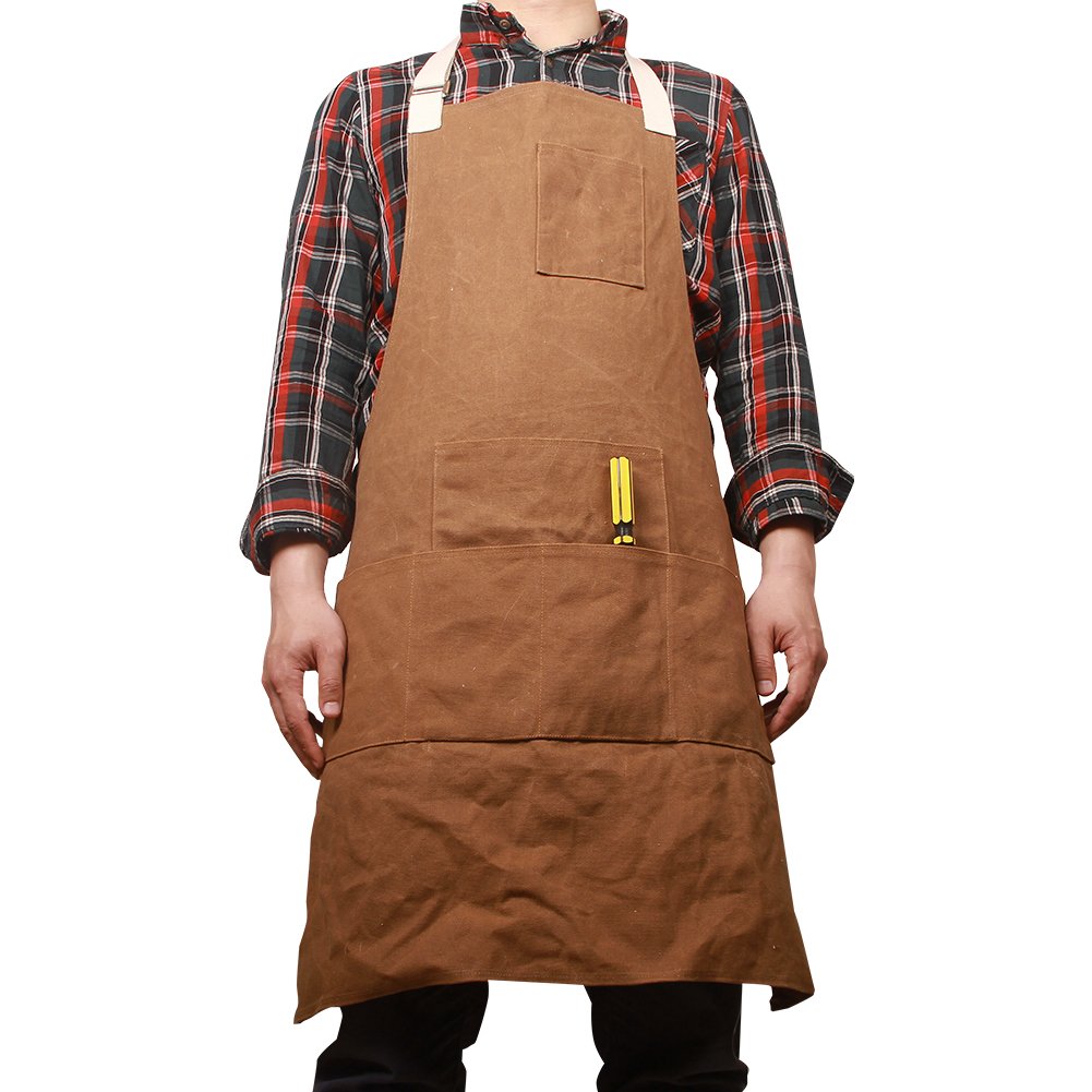 Waxed Canvas Woodworkers Apron/Work Shop Apron Bib with Six Pockets