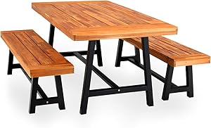 PHI VILLA Outdoor Table Bench Set of 3, 1 Wood Dining Table & 2 Wooden Benches, Premium Acacia Wood Patio Furniture Set for Porch Balcony Deck, Teak Color
