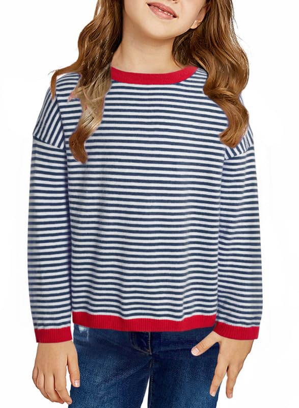 Photo 1 of DOKOTOO KIDS Girls Striped Color Block Sweaters Kids Cute Round Neck Pullover Sweater Fall Casual Long Sleeve Knit Tops Dark Blue Stripe 12-13 Years