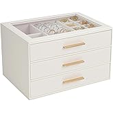 GUOER Jewelry Box for Women, Glass Lid Jewelry Organizer with 3 Drawers PU Jewelry Storage Case for Necklaces Rings Earrings Bracelets, White