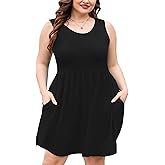 AusLook Plus Size Summer Sleeveless Dress for Women Casual Crewneck Pleated Babydoll Swing Tank Sundresses with Pockets 1X-5X