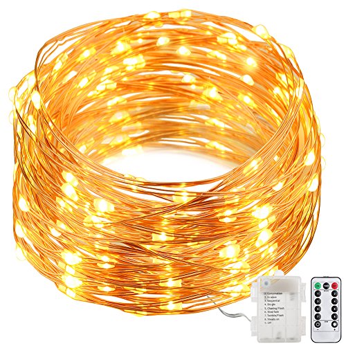 GDEALER 8 Modes String Lights 33ft 100LED Copper Wire Fairy Starry String Lights Battery Powered with Remote Control for Outdoor, Indoor, Christmas Waterproof warm white(Battery NOT INCLUDED) (1)
