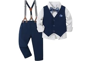 YUEMION Toddler Baby Boy Clothes Suits Gentleman Dress Shirt+Bowtie+Vest+Suspender Pants Boy Formal Wedding Outfits Set 1-5T