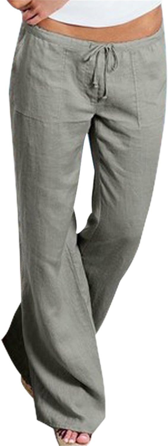 Reedbler Women Pants Casual Loose Solid Beach Style Cotton Linen Drawstring Long Length Flare Pants S-5XL