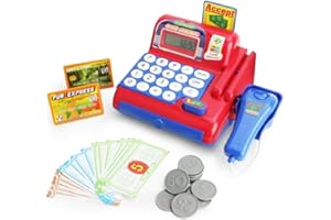 Boley Toy Cash Register with Scanner - Red and Blue Toddler Cash Register Toy for Kids with Calculator and Toy Credit Card Reader