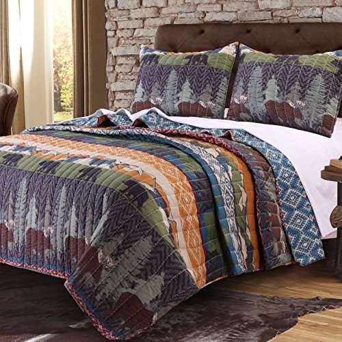 3 Piece Brown Lodge Theme King Quilt Set Rustic Animal Print