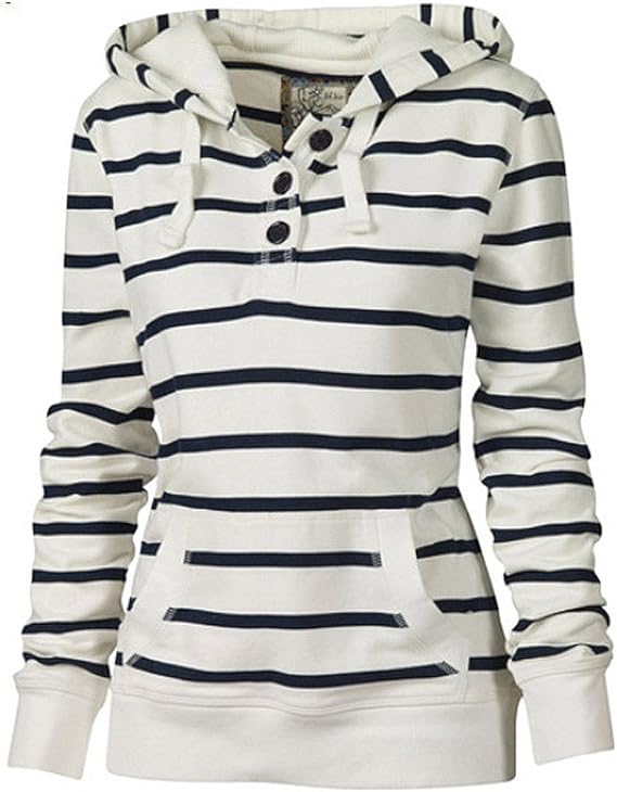 Amazon Big Laugh レディース ボーダー パーカー フード トップス カジュアル ボタン 長袖 スウェット トレーナー ホワイト M トレーナー パーカー 通販