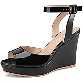 Perisis Women's Dressy Platform Wedge Sandals Black Wedges Peep Toe Patent High Heels Slingback Heeled Comfortable Ankle Strap Shoes(Black patent,8.5)