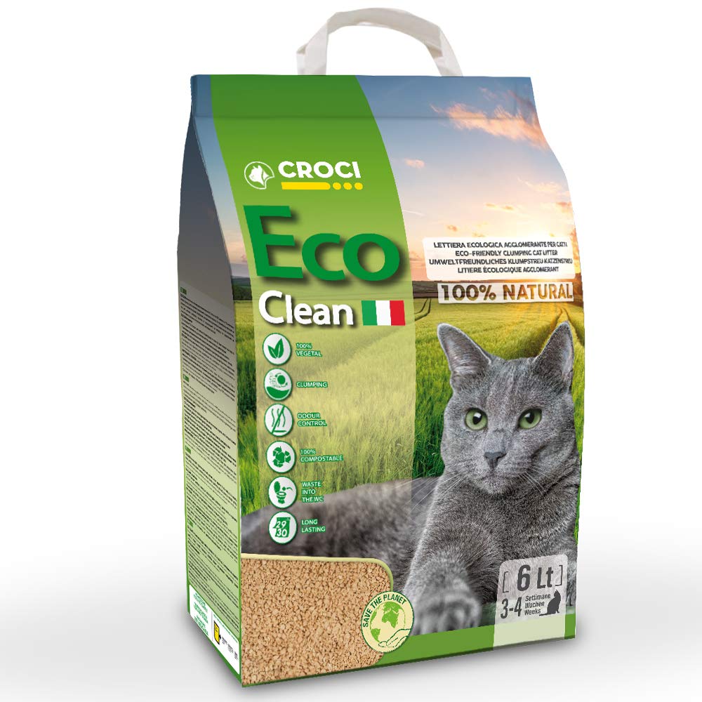 Croci Eco Clean Litter 6L - Clumping Cat Litter, Biodegradable, flushes down the toilet, 100% vegetable, Long lasting Anti-odor Sand