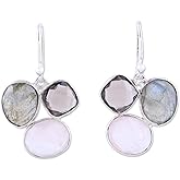NOVICA Artisan Handmade Multigemstone Dangle Earrings Sterling Silver from India Smoky Quartz Rose Labradorite Birthstone [1.3 in L x 0.9 in W x 0.2 in D] ' Enchanting Trinity'