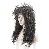 WildCos Long Curly 80s Mullet Wigs Punk Heavy Metal Rocker Wig Halloween Costume Male Cosplay Wig for Women (Black with Reddish Brown)