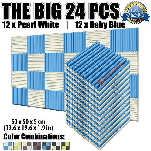 Dragon Dash 24 Pack of 19.6" X 19.6" X 1.9" Inches Pearl White and Light Blue Acoustic Soundproofing Metro Striped Foam Studio Treatment Wall Panel Tiles DD1041 (PEARL WHITE &amp; LIGHT BLUE)