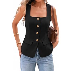 Bbonlinedress Womens Sleeveless Blazer Vest Button Down Waistcoat Tops | Square Neck, Front Button Closure, Wide Shoulder Str