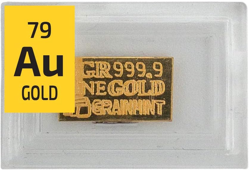 Gold Metal(99.9% Pure) Bar Ingot 5 Grains Element Sample in a PEGUYS Periodic Element Tile.