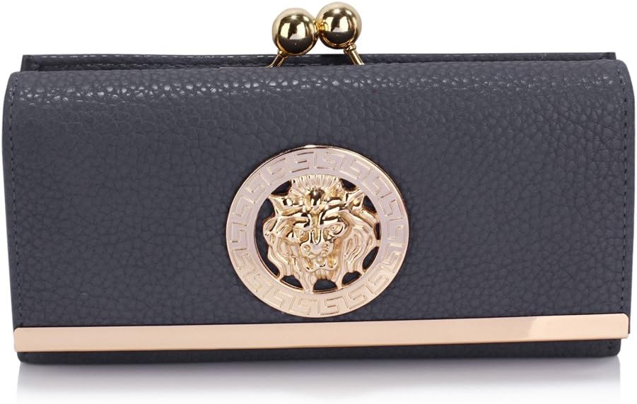 Womens Kiss Lock Faux Leather Purse - Gold Metal Work With Metallic Badge On Front - Zip Pocket And Credit Card Slots