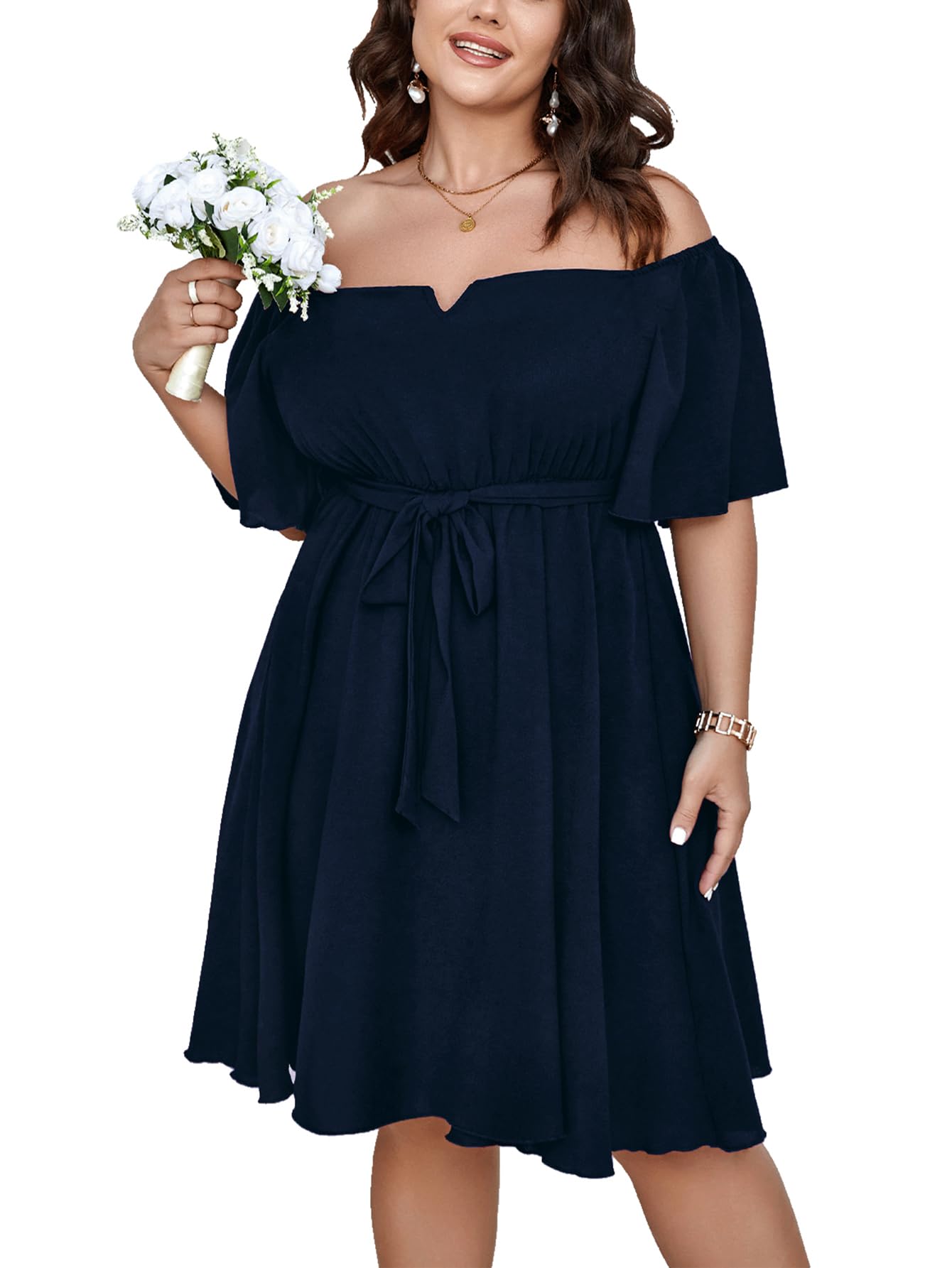 Photo 1 of SCOMCHIC Womens Plus Size Cocktail Dress Summer Off Shoulder Short Sleeve Flowy Ruffle A-Line Cute Mini Dress with Belt Navy Blue