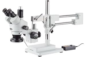 AmScope 3.5X-180X Simul-Focal Stereo Zoom Microscope on Dual Arm Boom Stand with 144-LED Ring Light