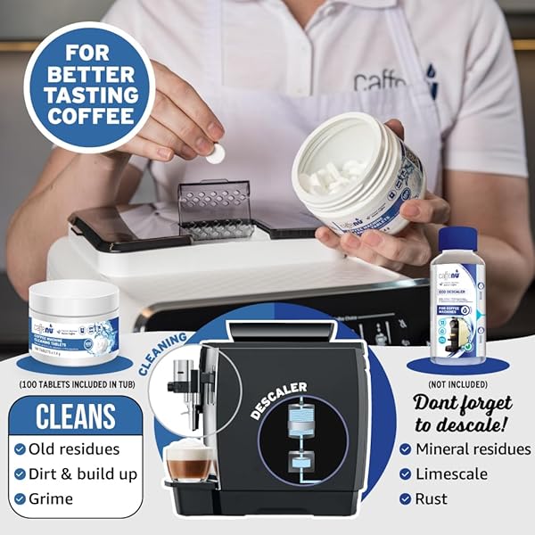 CAFFENU ESPRESSO MACHINE CLEANING TABLETS 100 COUNT USED EVERY 100 CUPS. AUTOMATIC, SUPERAUTOMATIC & BEAN TO CUP. USE WITH DESCALING