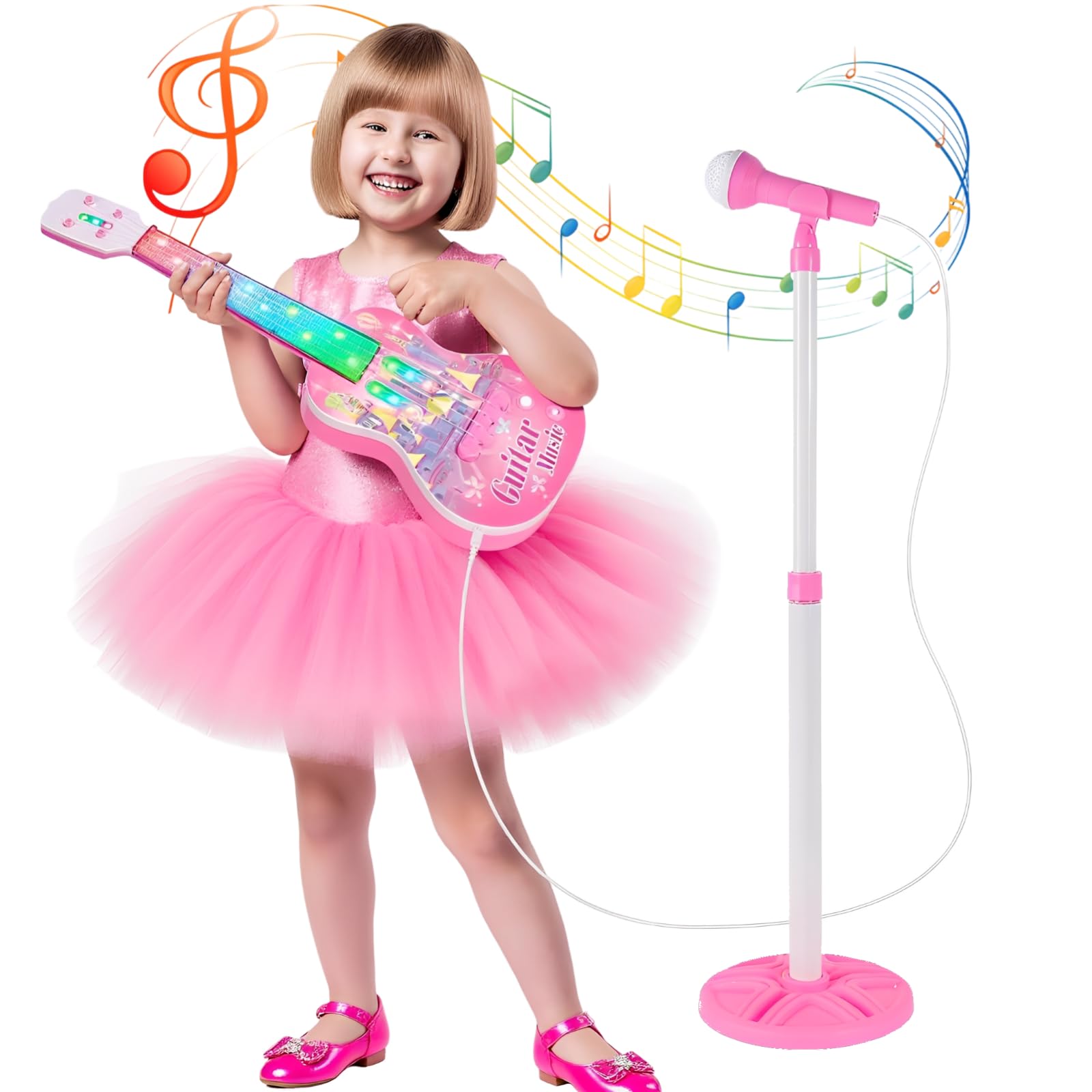 Guitar and Microphone Set for Kids,Guitar Toys with Music&Colorful Light,Beginner Musical Toys with 4 Strings,Adjustable Height Microphone with Stand for Boys and Girls (Pink B)
