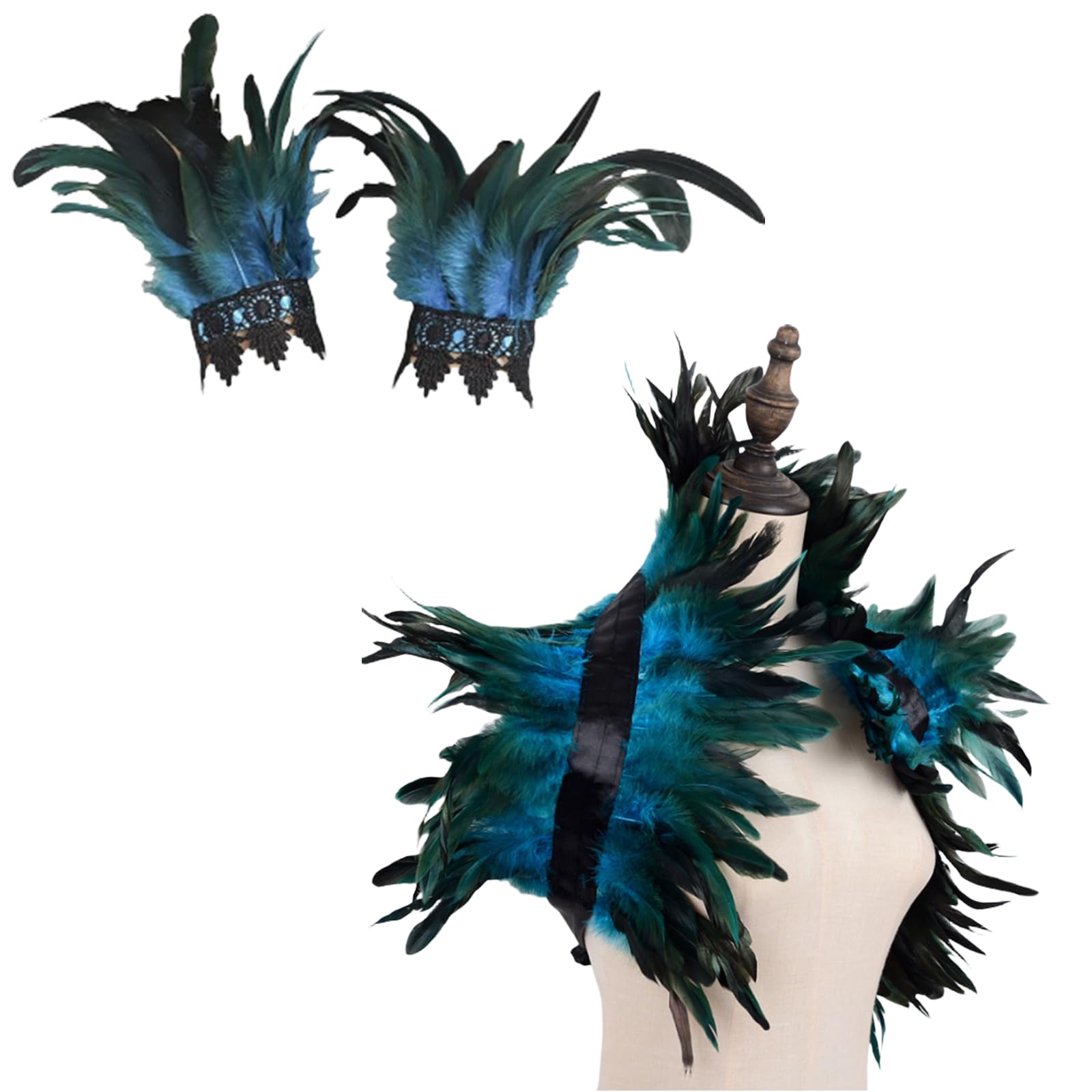 MUNSKT Halloween Carnival Outfits Women Natural Feather Cape with Wristband Costume Gothic Lacing Shawl Shrug Collar Feather Cape for Halloween Cosplay Christmas Party Gift (Blue)