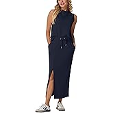 GRECERELLE 2026 Women Summer Casual 2 Piece Sets Mock-Neck Wrinkle-Free Top & Elastic Waist Midi Side Slit Skirt with Pockets