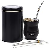 Ufist Uruguayan Style Yerba Mate Cup Set, Include 4.8oz Modern Stainless Steel Mate Gourd, 37oz Yerbero, 2pcs Bombilla Straws, Cleaning Brush (Black)