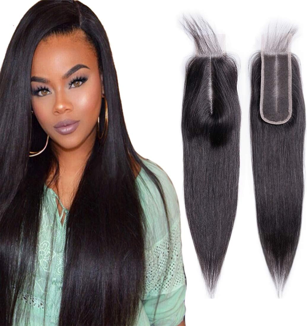 Peruvian Human Hair Closure Straight Lace Closure 6x2 Single Bleached Knots Silky Straight Deep Middle Part Remi Straight Human Hair For Black Women 16 Inch