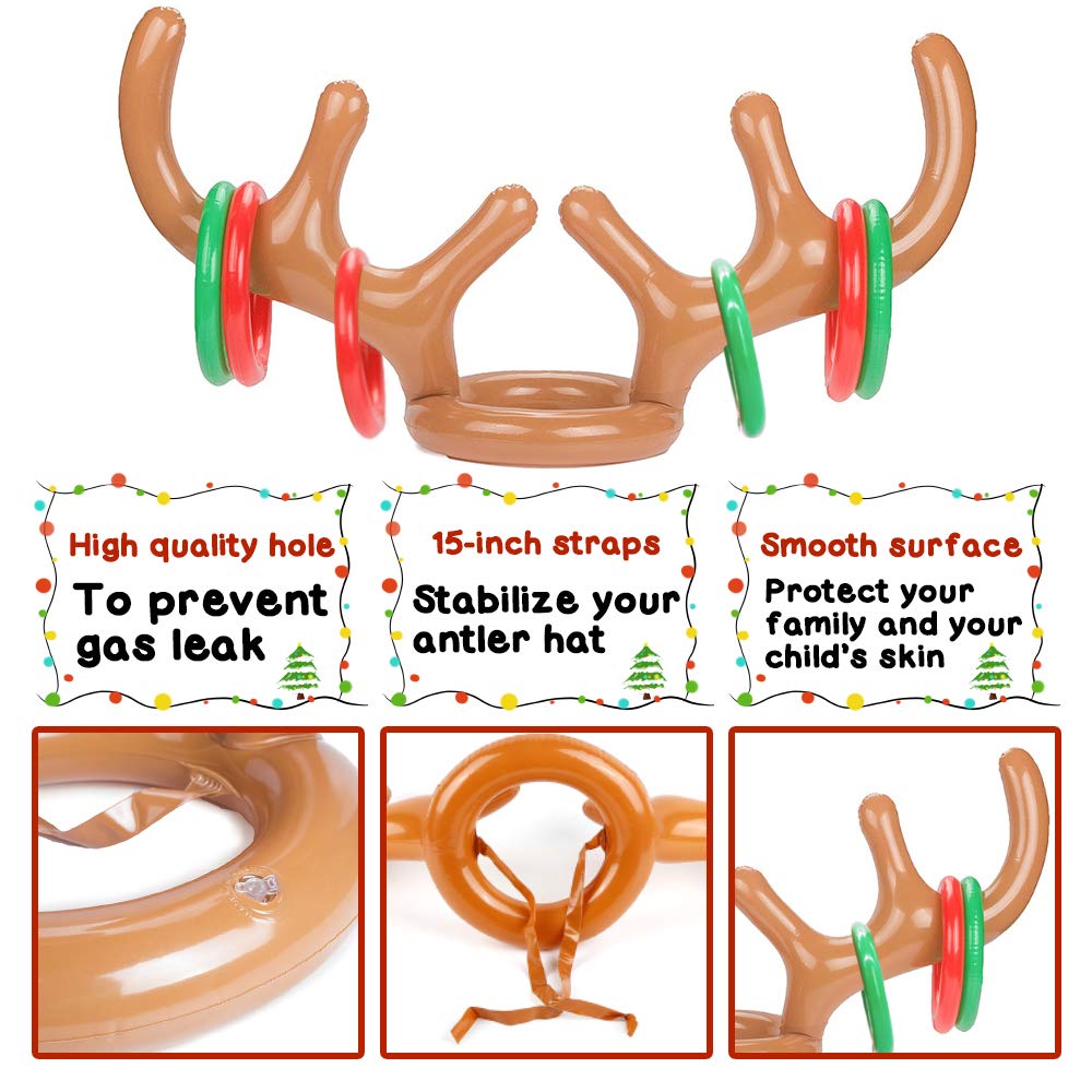 Koogel Inflatable Reindeer Antler Hat Ring Toss Game With Rings For Family Kids Christmas Party New Year Party Favors Toys Gifts