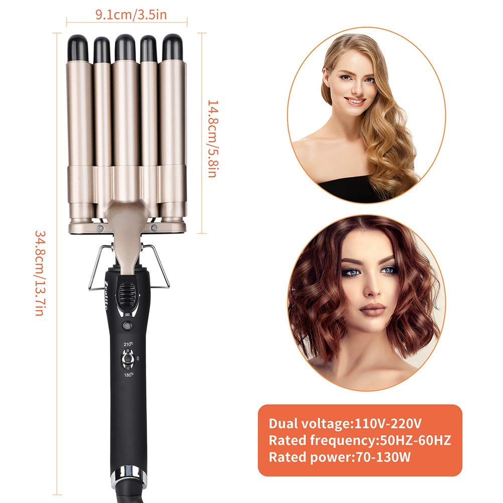 5 Barrel Curling Iron Wand Dual Voltage Hair Crimper - 13mm Ceramic Tourmaline 5 Barrels, Temperature Adjustable Portable Hair Waver Heats Up Quickly (Gold): Beauty