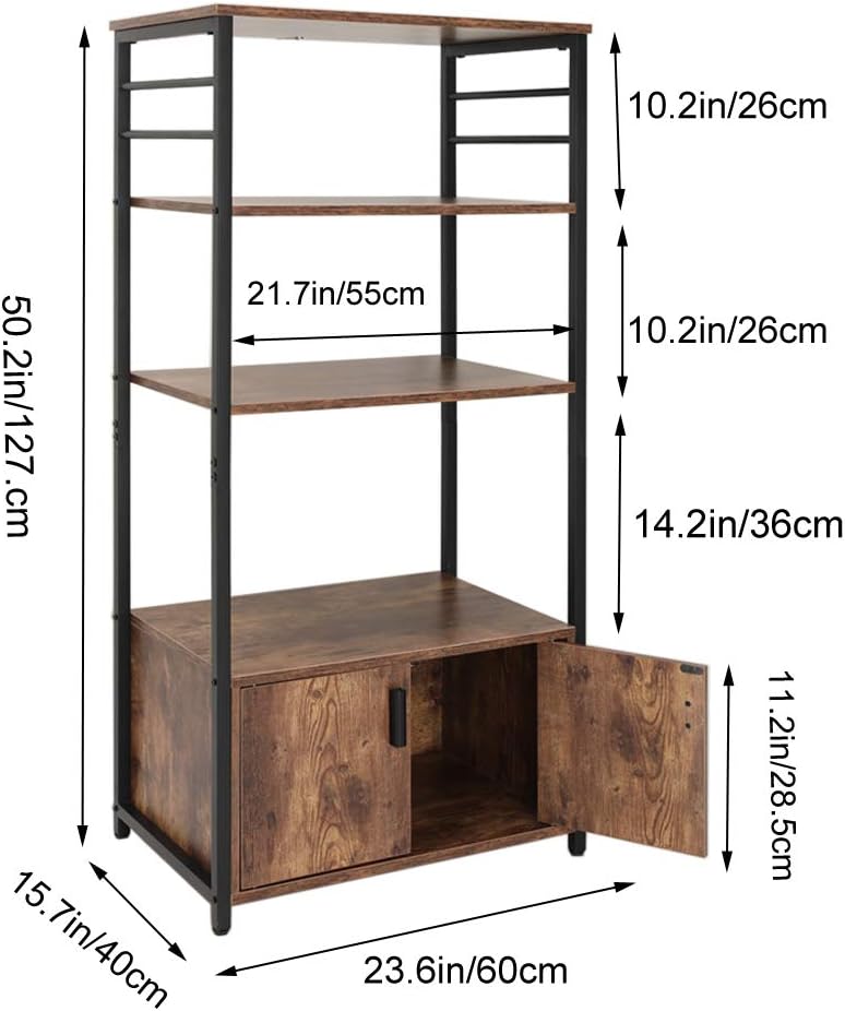 IWELL Tall Kitchen Baker's Rack with Storage Cabinet & 8 Hooks, Microwave Stand with 3 Shelves, Microwave Cabinet with Storage, Cupboard, Sideboard, Utility Storage Shelf for Kitchen, Brown - Standing Baker's Racks