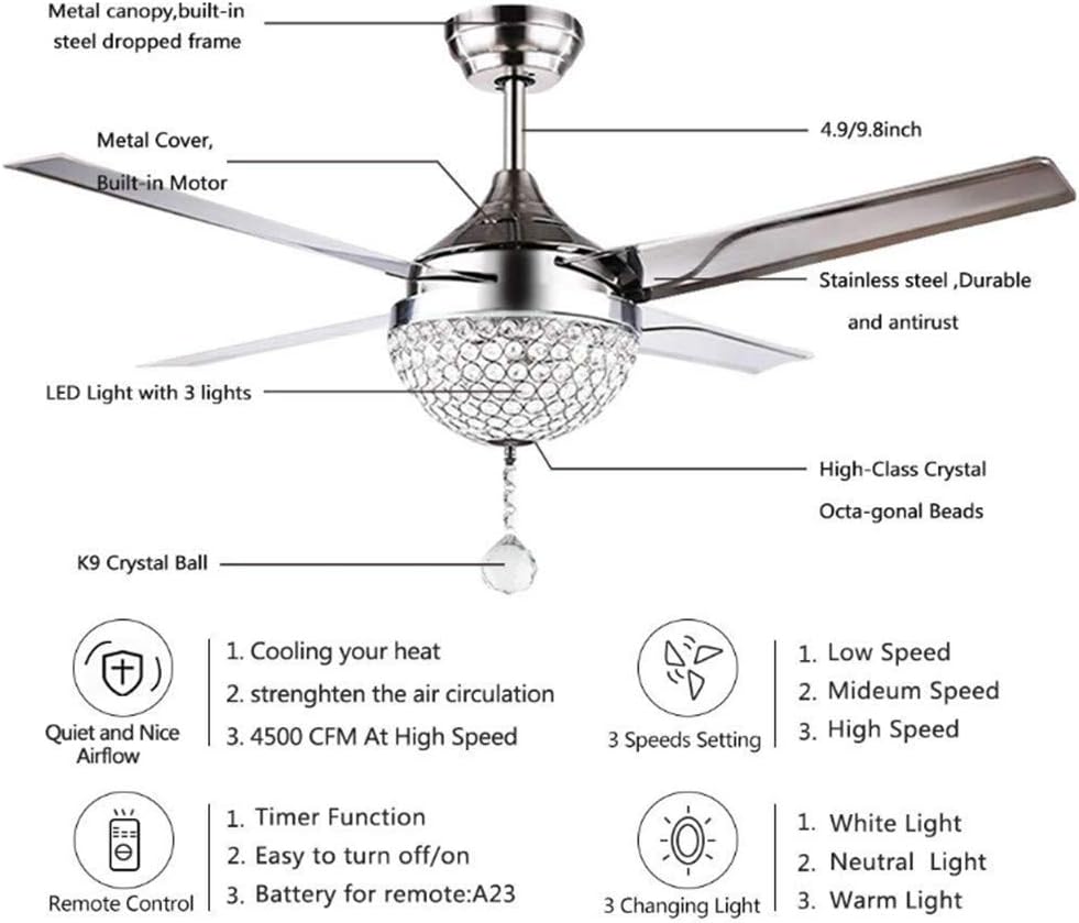 Modern 44 Inch Crystal Ceiling Fan Light With Remote Control
