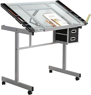 sogesfurniture Zeichentisch Architektentisch aus Gehärtetem Glas, Neigungsverstellbar, rollbarer Computertisch Schreibtisch mit Stauraum, für Handwerk, Schreiben, Malen, BHEU-UT-DT1033-WT