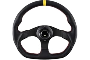 QYMOPAY 13 inch 6 hole Racing Steering Wheel 3 Aluminum Spoke with Horn Button, Red Stitched Leather Black Flat Bottom Steering Wheel (Yellow Stripe)