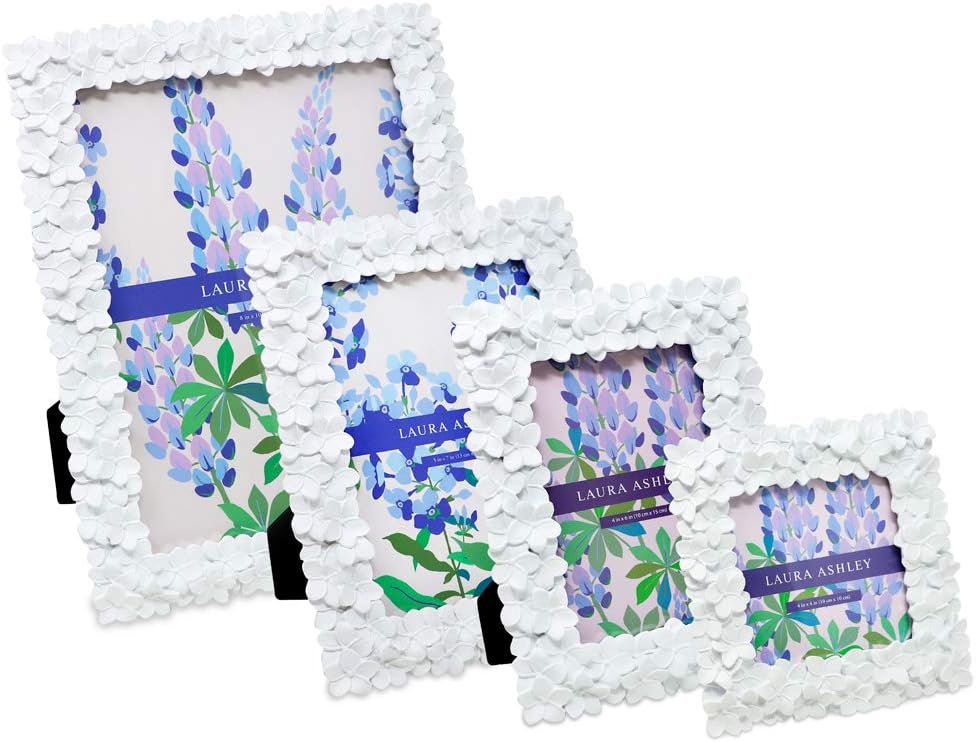 Laura Ashley 8x10 White Flower Textured Hand-Crafted Resin Picture Frame w/ Easel & Hook for Tabletop & Wall Display, Decorative Floral Design Home Décor, Photo Gallery, Art (8x10, White) -