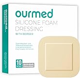 Ourmed Silicone Foam Dressing with Border Adhesive - Large Absorbent Waterproof Bandage for Wound Care, Foot Diabetic Ulcer, Leg Ulcer, 4" x 4", 10 Pack