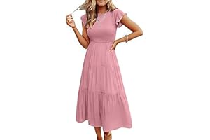 lcepcy 2024 Women's Summer Casual Flutter Short Sleeve Crew Neck Smocked Elastic Waist Tiered Midi Dress