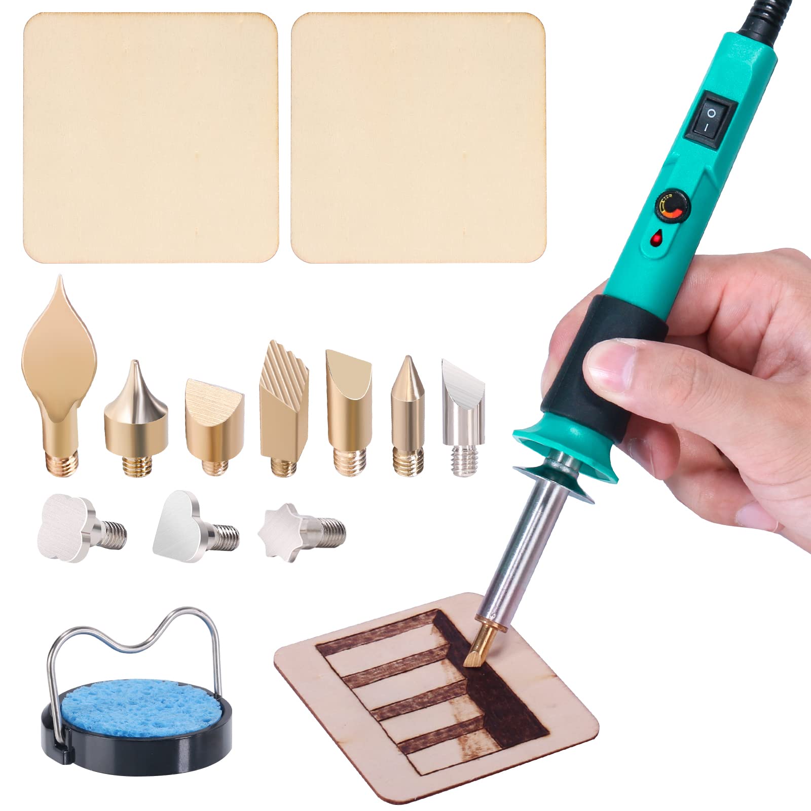 YIHUA 930-IV Pyrography Wood Burning Pen Kit Adjustable Temperature, Power Switch, Heat Deflector, Rubber Grip with 10 Pyrography Tips, 2 Wood Pieces, Flip-Up Pen Stand, for Woodburning DIY Crafts