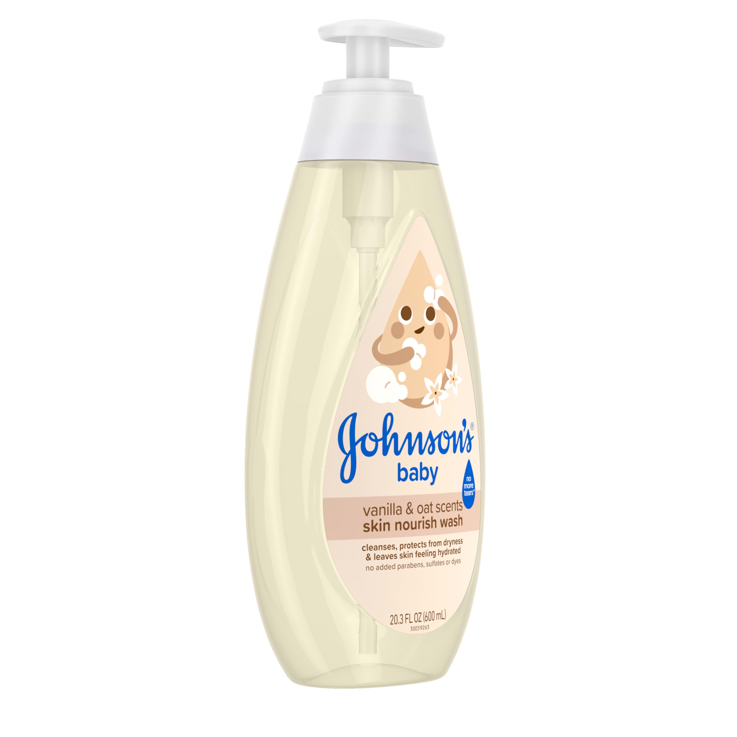 Johnson's Skin Nourishing Moisture Baby Wash, Vanilla & Oat Scents, Tear-Free, Hypoallergenic Baby Body Wash Cleanses, Protects from Dryness, & Leaves Skin Feeling Hydrated, 20.3 fl. oz