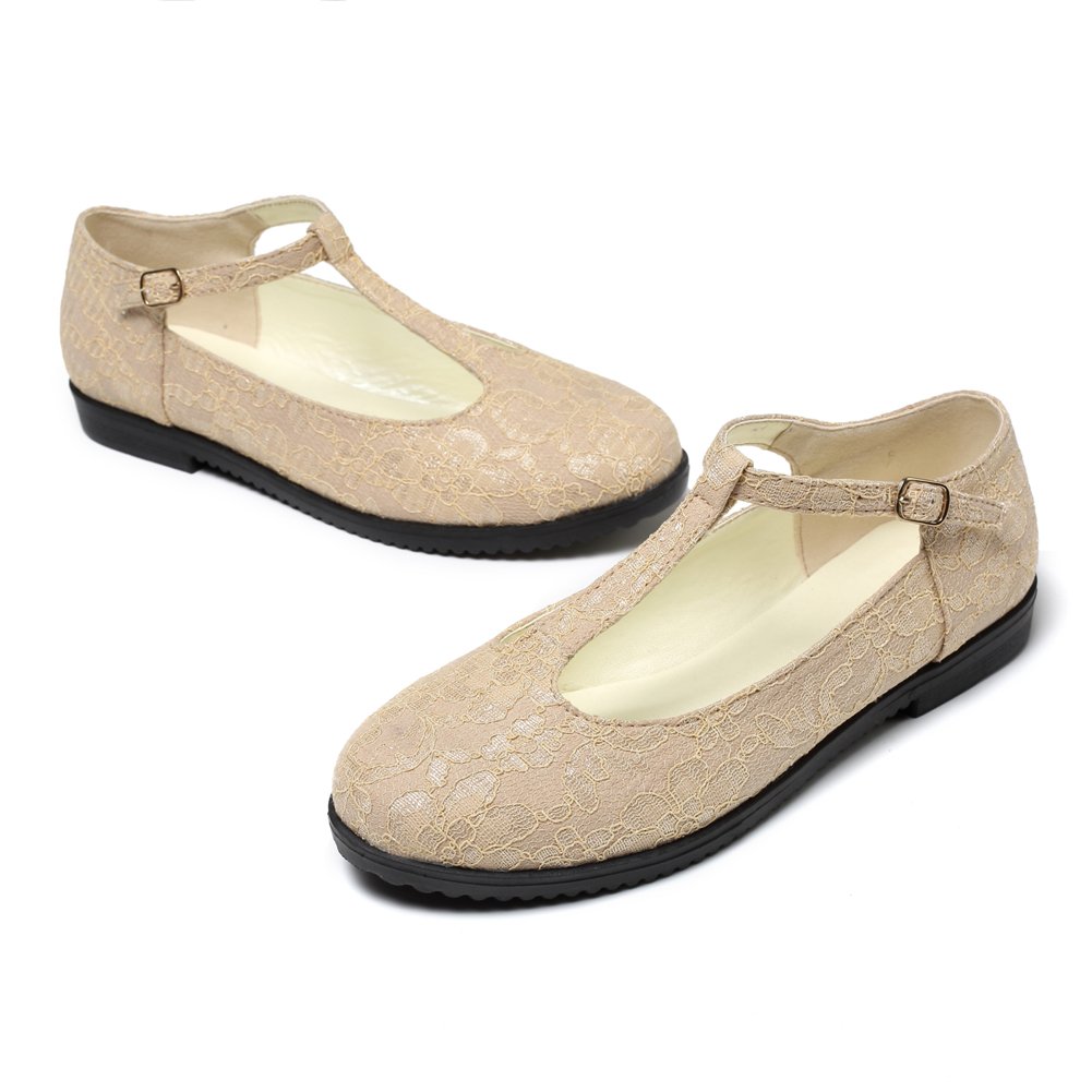 getmorebeauty Women's Beige Mary Janes Flats T Straps with Lace Wedding Shoes Low Heel Shoes (US 8, Beige) - Image 4