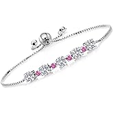 925 Sterling Silver Gemstone Birthstone and Pink Created Sapphire Tennis Bracelet for Women | Round 5MM and 2.5MM | Adjustable Bolo Design | Easy-On Easy-Off | Fully Adjustable Up to 9 Inch