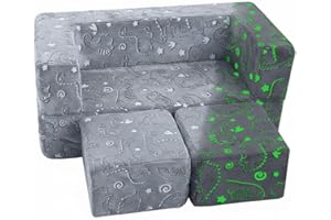 MeMoreCool Dinosaur Glow Foam Kids Play Couch Set, Gray Modular Sofa & Lounger – Glow-After-Light Dinosaur Pattern, Machine-Washable Cover