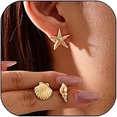 3 Pairs Summer Beach Earrings for Women 14K Gold Shell Starfish Conch Ocean Earrings Bohemian Seashell Stud Earring Set Beachy Jewelry