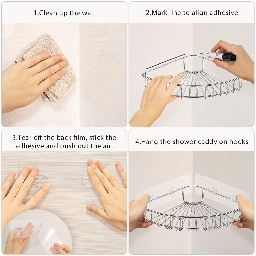 Orimade Adhesive Corner Shower Caddy Shelf with 2 Movable Hooks Wall