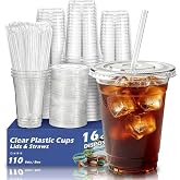 Voatree 110 Pack 16 oz Clear Plastic Cups with Lids and Straws | Disposable Iced Coffee Cups To Go, BPA-Free, Medium Size Cold Drink Cups for Smoothie, Matcha, Parties, Party