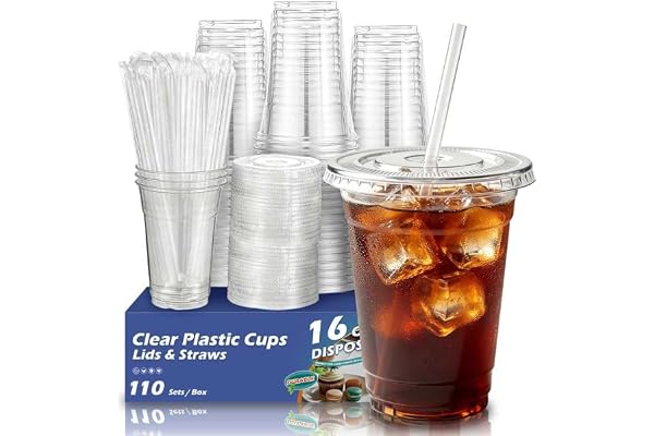 Voatree 110 Pack 16 oz Disposable Clear Plastic Cups with Lids and Straws | To Go,BPA-Free,Heavy Duty,Leak-Resistant,for Iced Coffee,Cold Drink,Smoothie,Matcha,Juice,Dirty Soda,Party,Medium Size,Bulk
