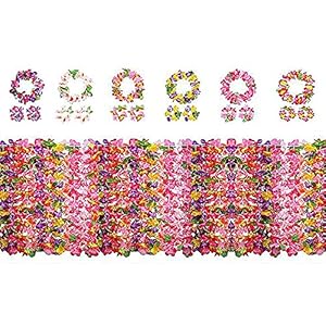 Yojoloin 24 Piezas Hawaianas Leis Luau Flores con 12 Pulseras 6 Diademas y 6 Collares para Luau Hawaiian Party Decoraciones Suministros Photo Booth Props.