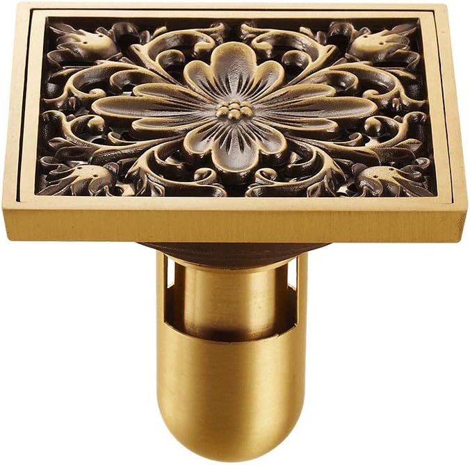 4 Inch Square Antique Brass Floor Drain with Removable Cover Waste Water Strainer for Bathroom, Kitchen, Veranda and Public Drain Area