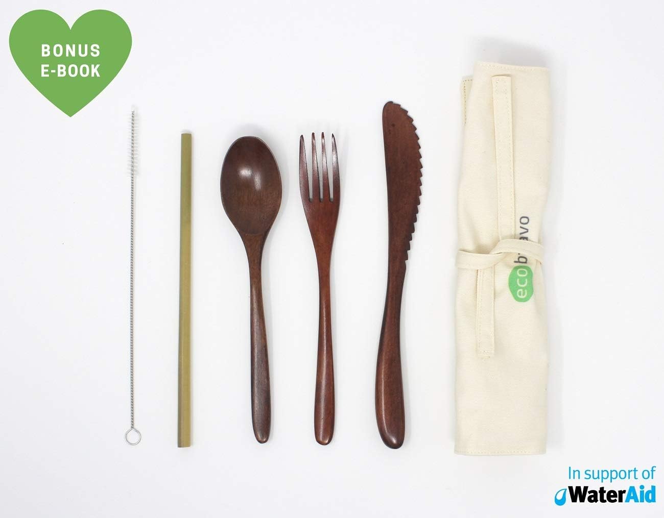 Eco Bravo Reusable Bamboo Cutlery Set – Bamboo Fork, Spoon, Knife & Straw - Zero-Waste Bamboo Cutlery - Travel-Friendly Set - Pouch & Cleaning Brush Included - Camping Utensils - Dark