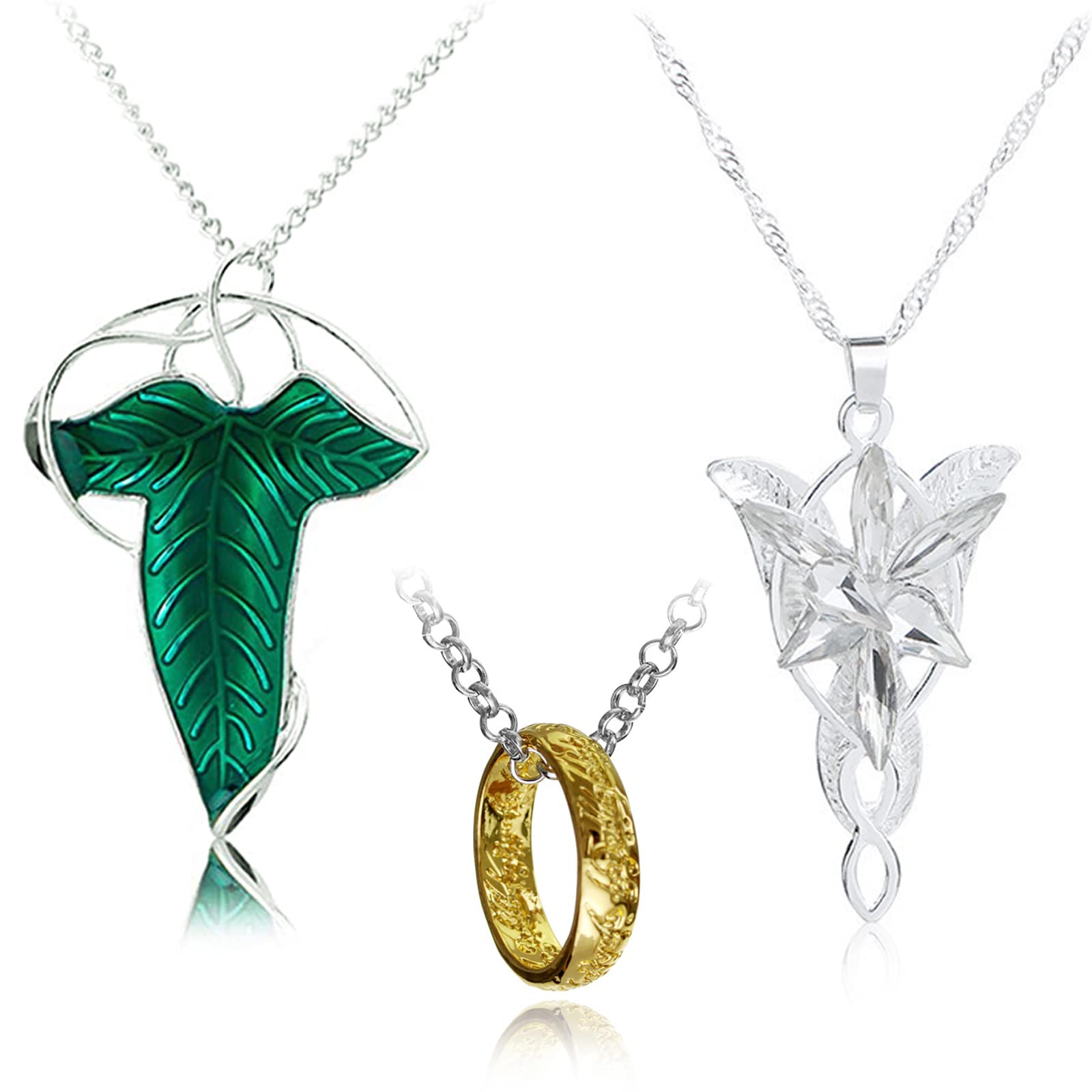 YouU 3 pcs Elven Green Leaf Brooch Pin Pendant Necklace Arvven Evening Necklace Cosplay jewelry Elf Costume for Women Halloween Cosplay Costume Party